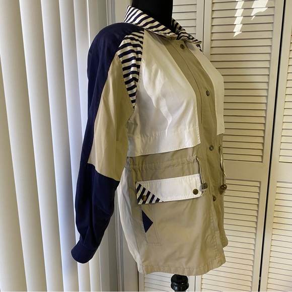 Current Seen Men’s Jacket Beige Blue White Striped ColorBlock Size Medium - Picture 2 of 5